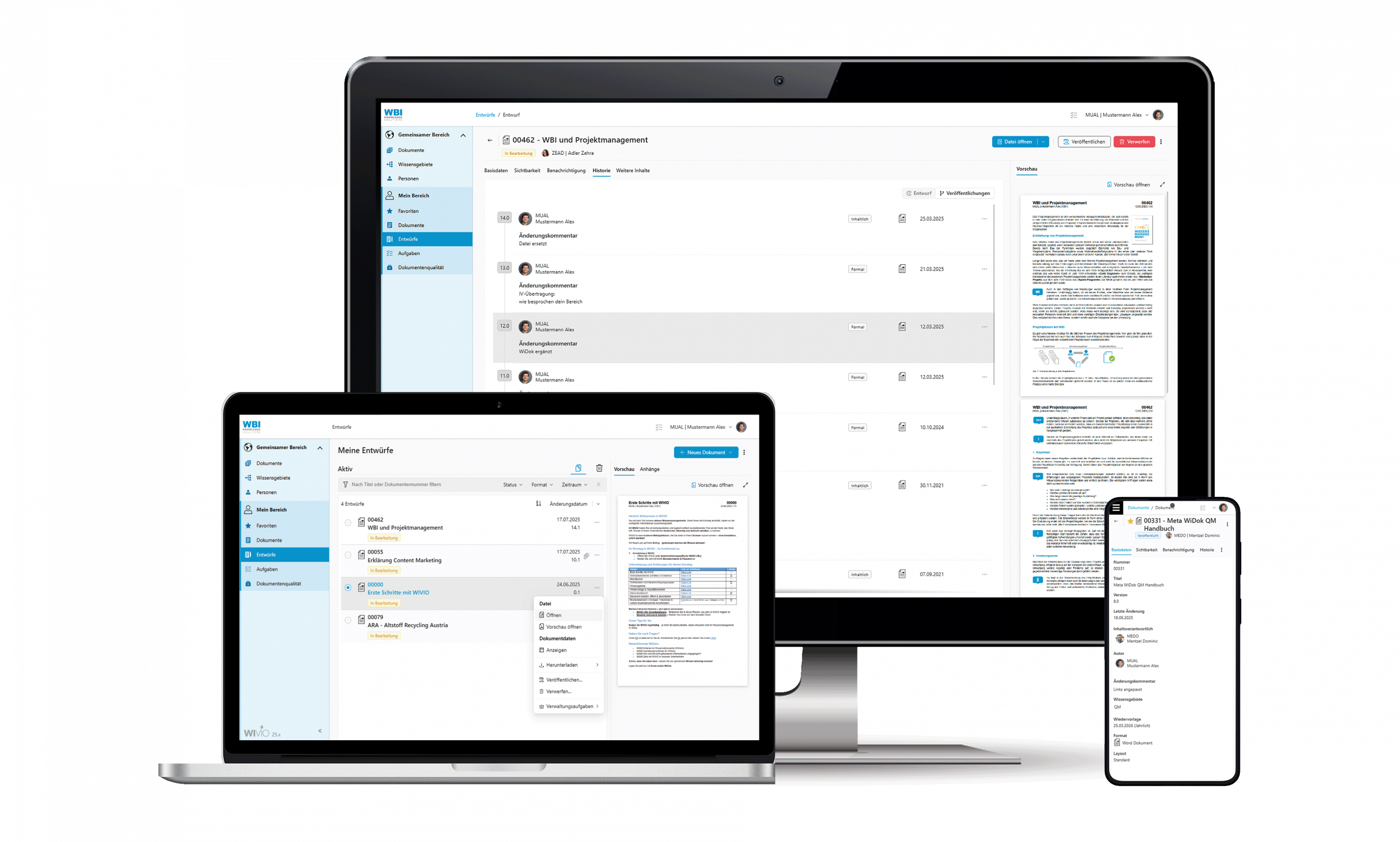 2025 Kombo_Historie_Versionierung Das Bild zeigt mehrere Devices mit Screenshots der Funktion Versionierung und Historie.