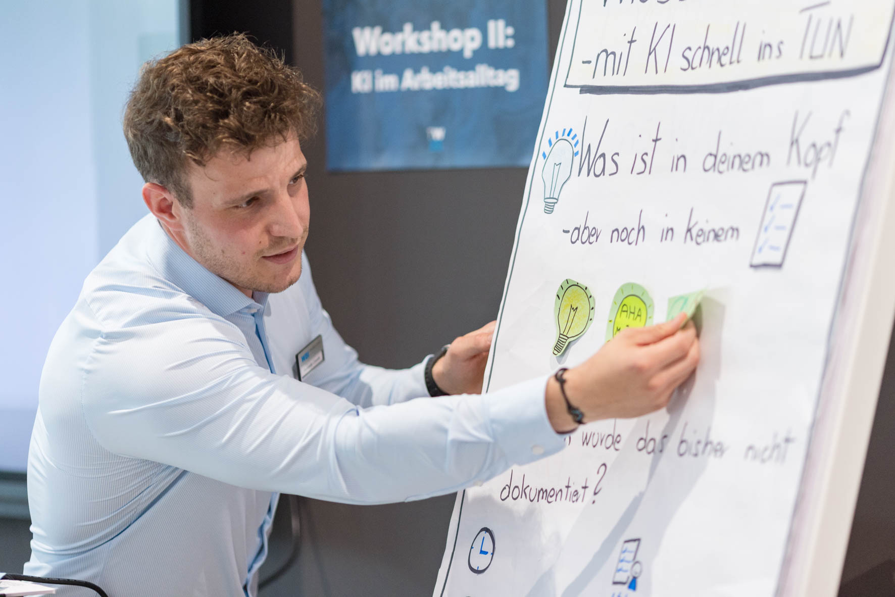 Ein Mann zeigt auf ein Flipchart mit Notizen.