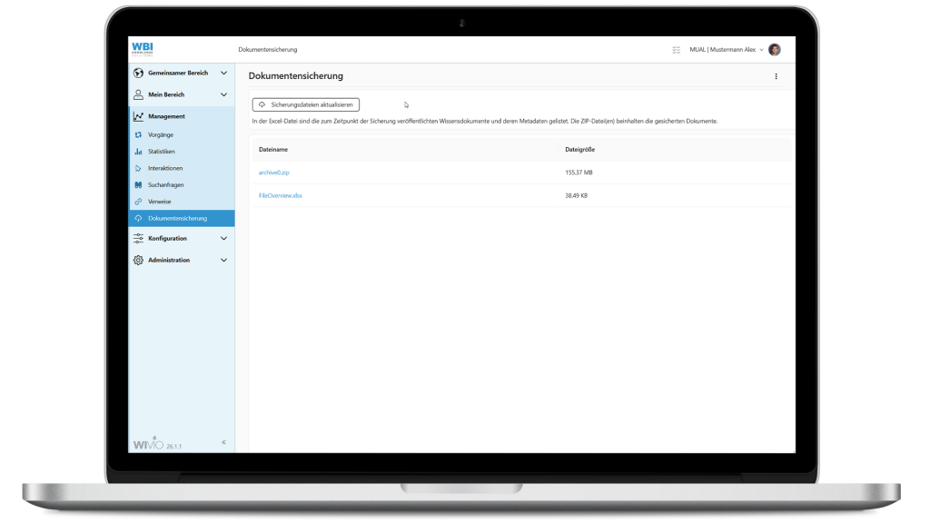 Das Bild zeigt einen Laptop auf dem die smarte Wissensmanagement-Software WIVIO geöffnet ist. Im Bild ist sichtbar, wie ein User mit der Rolle Administrator eine Dokumentensicherung erstellt.