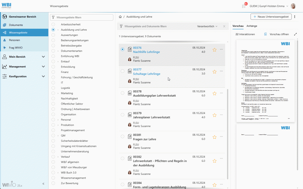 Das animierte GIF zeigt eine Benutzerin, die im smarten Wissensmanagement-Tool WIVIO versucht eine Wissensdokument zu bearbeiten. Dieses ist jedoch derzeit für sie gesperrt, da es aktuell durch einen anderen Benutzer bearbeitet wird.