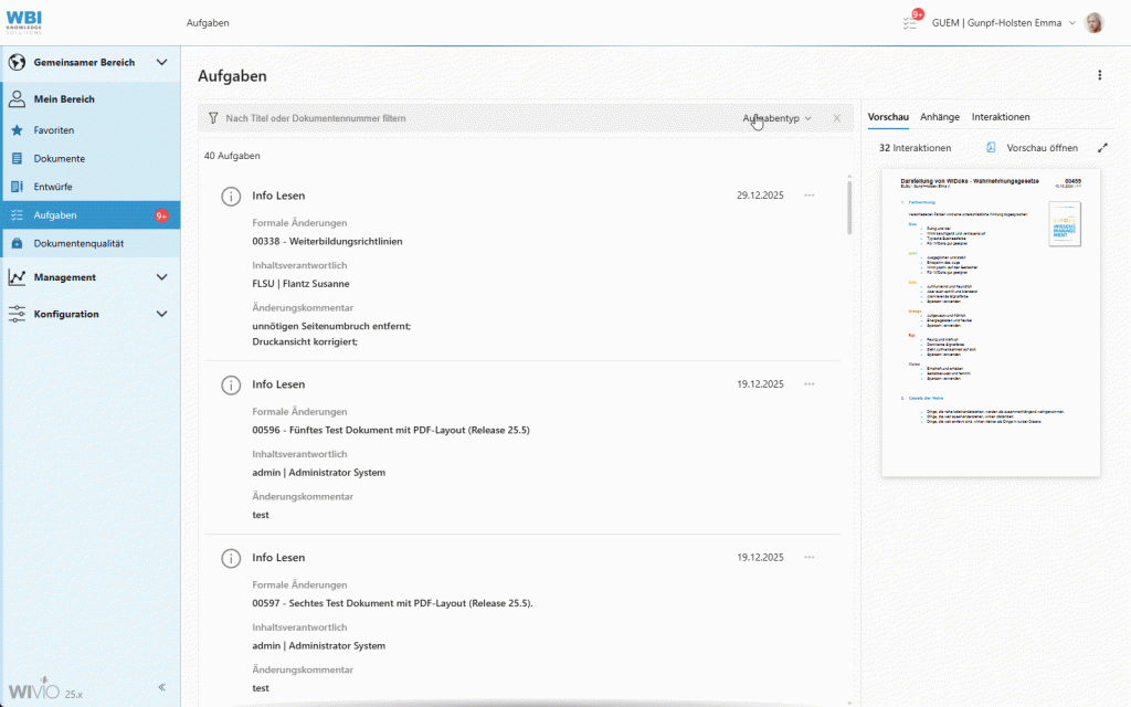 Das animierte GIF zeigt, wie die Benutzerin im smarten Wissensmanagement-Tool WIVIO die Aktualitätsprüfung eines Dokuments vornimmt. Dazu filtert sie ihre Aufgabenliste in WIVIO und wählt dann das gewünschte Wissensdokument aus. Sie wählt die Option "Detail überarbeiten" und prüft im Anschluss die wesentlichen Metadaten des Dokuments.