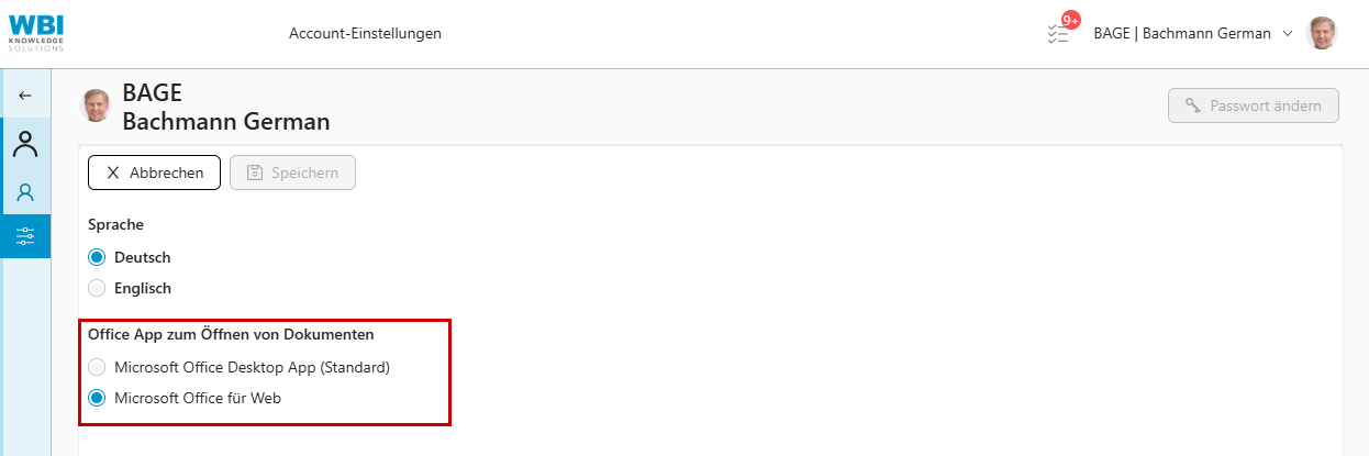 admin user einstellung - office app Benutzerspezifische Auswahl der Office-App zum Öffnen von Dokumenten in den WIVIO-Account-Einstellungen.
