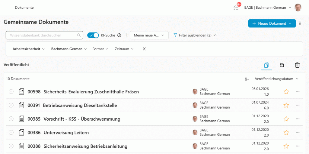 Bearbeiten, Umbenennen oder Löschen einer gespeicherten Ansicht in der WIVIO-Dokumentenliste.