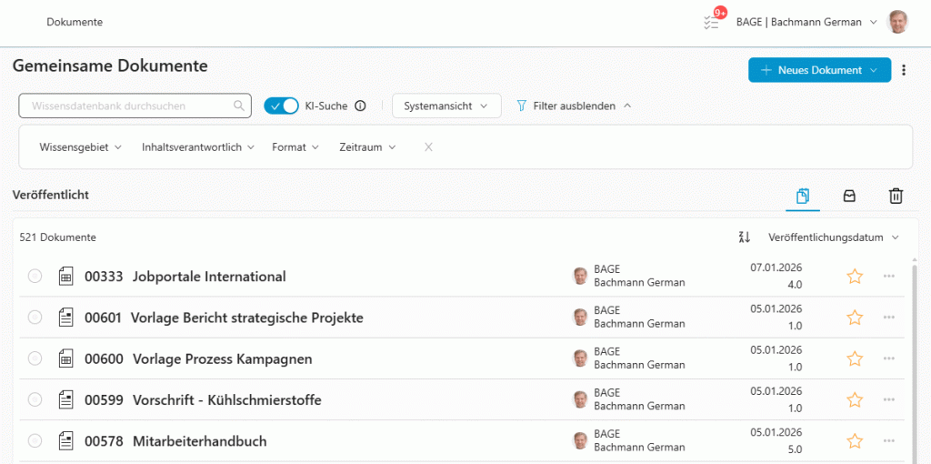 Erstellen und Speichern einer individuellen Ansicht in der WIVIO-Dokumentenliste „Gemeinsame Dokumente“.