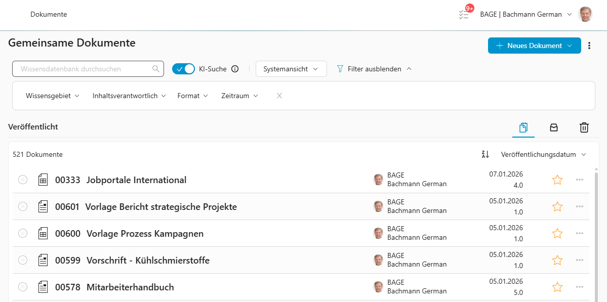 ansicht erstellen Erstellen und Speichern einer individuellen Ansicht in der WIVIO-Dokumentenliste „Gemeinsame Dokumente“.
