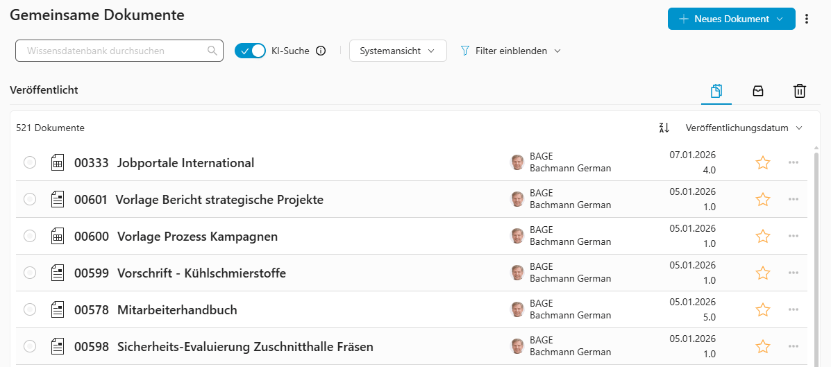filterleiste Dokumentenliste in WIVIO mit ein- und ausblendbarer Filterleiste im Bereich „Gemeinsame Dokumente“.