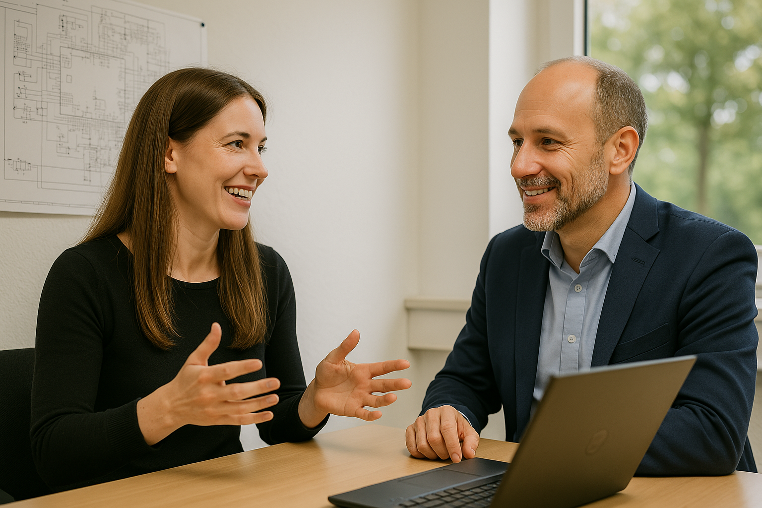 Das Bild zeigt zwei Mitarbeitende im Gespräch. Sie besprechen gerade die Checkliste für das nächste ISO-Audit, die sie in WIVIO gespeichert haben.