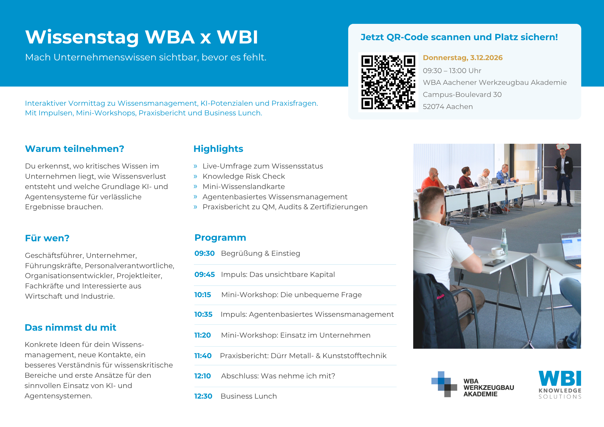 Onepager zum Wissenstag WBA x WBI am 3. Dezember 2026 in Aachen mit Programm, Informationen zu Wissensmanagement und KI, Highlights und Veranstaltungsdetails.