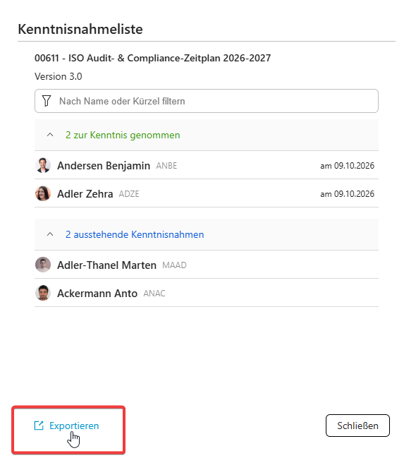 Exportfunktion in der Kenntnisnahmeliste.