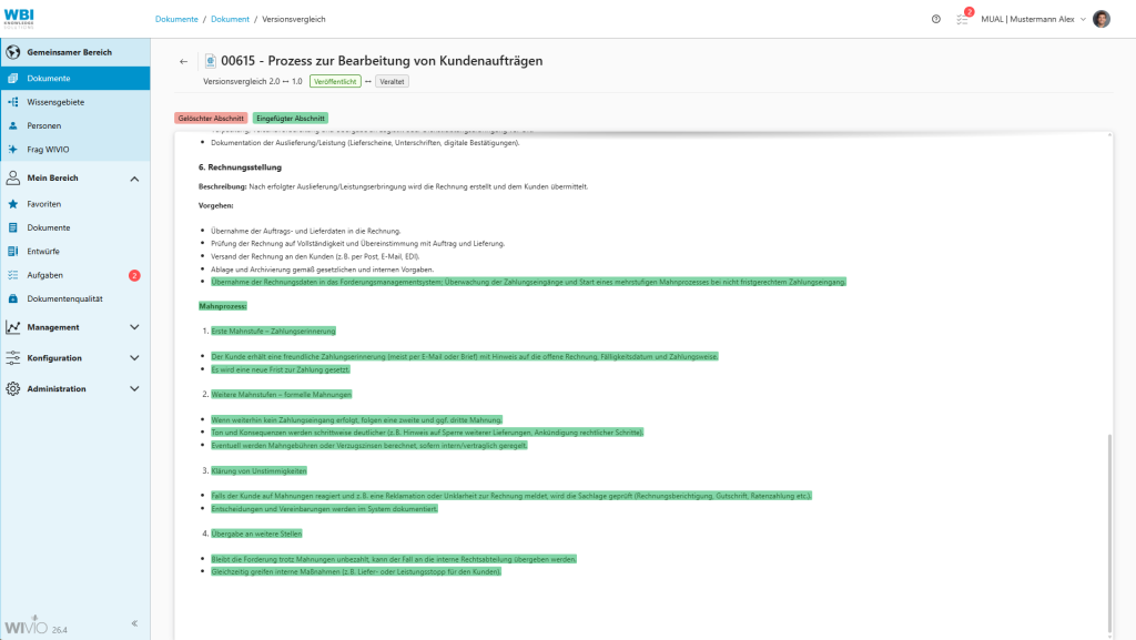 Versionsvergleich mit farblich markierten Änderungen.