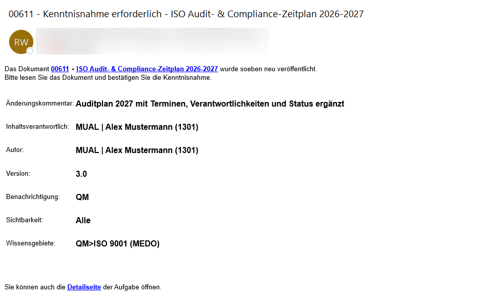 E-Mail-Benachrichtigung zur Kenntnisnahme eines Dokuments,