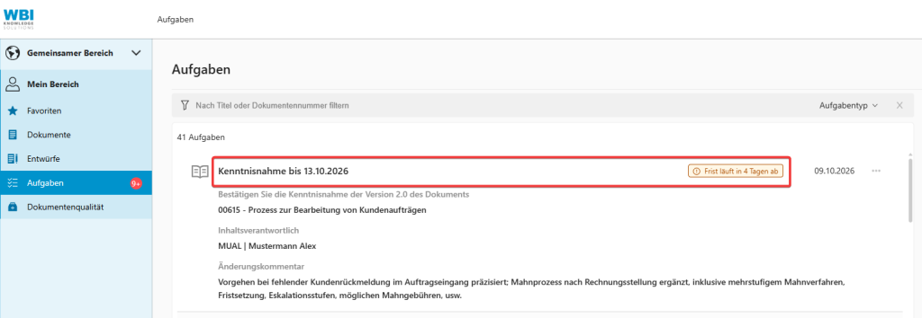 Kenntnisnahme-Aufgabe mit Fälligkeitsdatum.