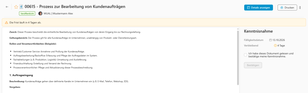 Dokument mit Kenntnisnahme und verbleibender Frist.