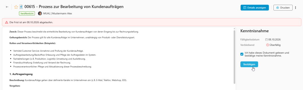 Überfällige Kenntnisnahme mit Warnhinweis.