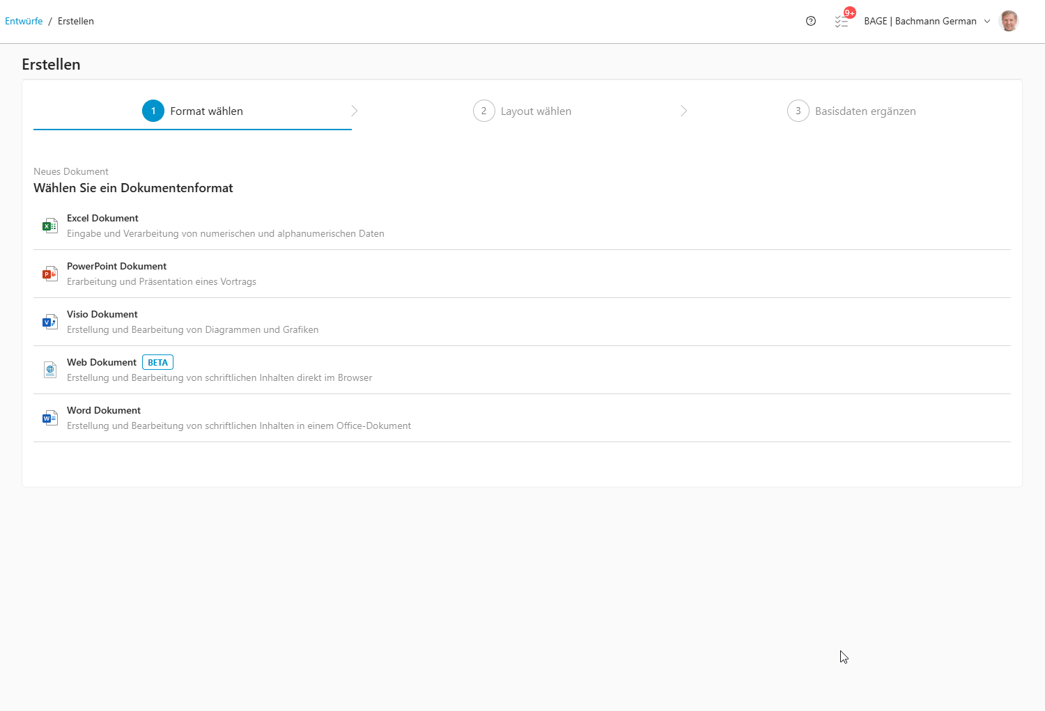 releasenotes-26.2-abbildung-12 Schrittweiser Erstellungsprozess für neue Dokumente (Format, Layout, Basisdaten)