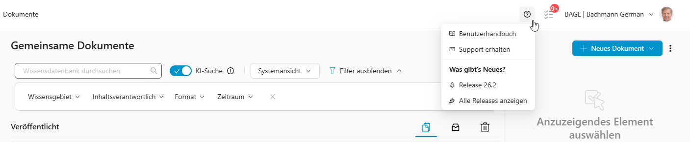 Zugriff auf Benutzerhandbuch, Support und Release-Informationen im Hilfemenü