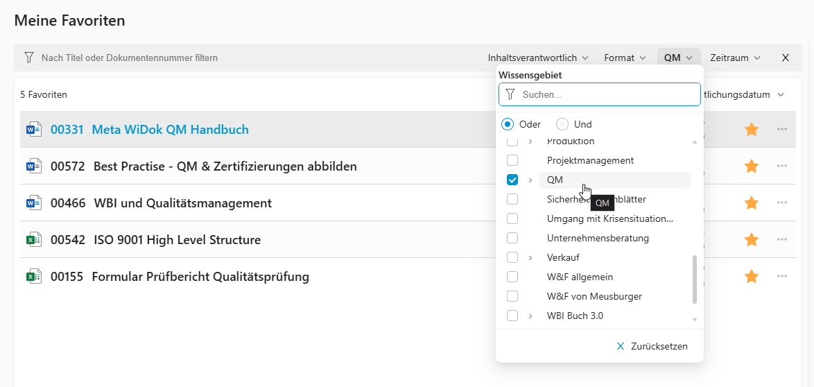 releasenotes-26.2-abbildung-6 Favoritenansicht mit Filter nach Wissensgebiet „QM“