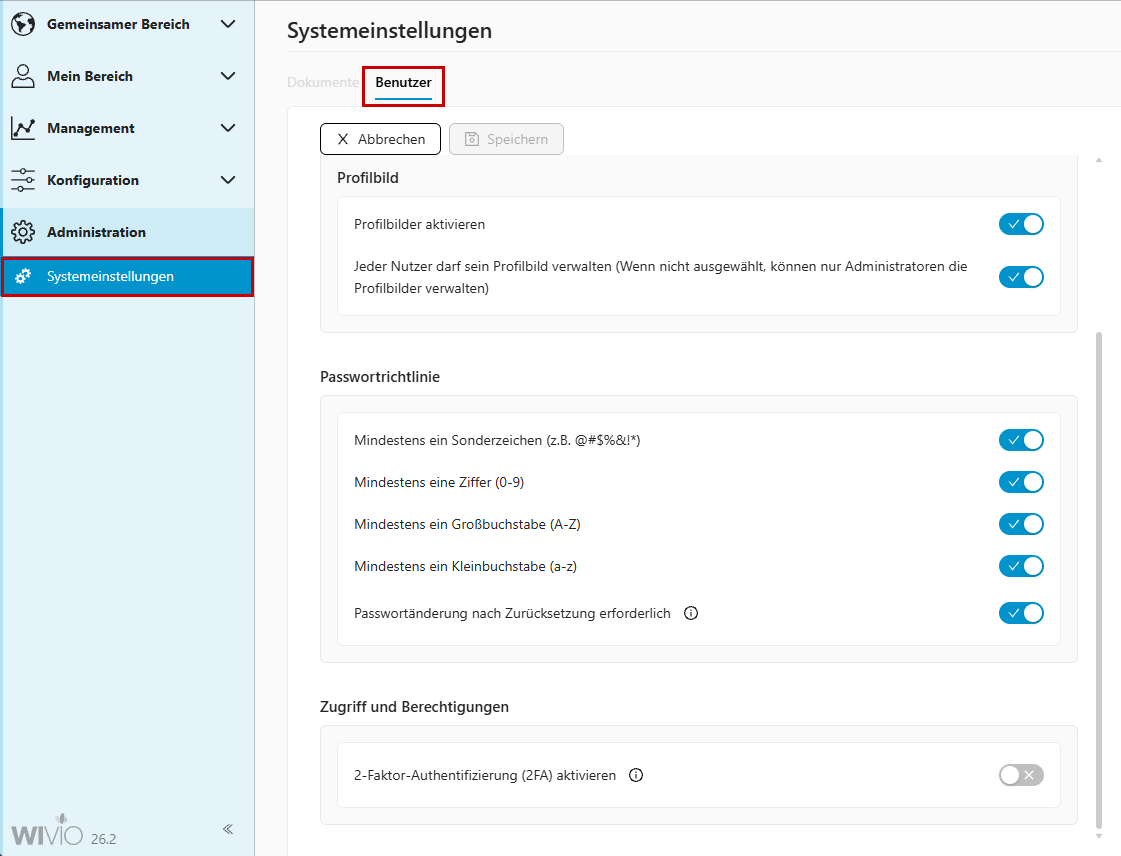 releasenotes-26.2-abbildung-8 Systemeinstellungen für Benutzerverwaltung, Passwortregeln und Zugriff