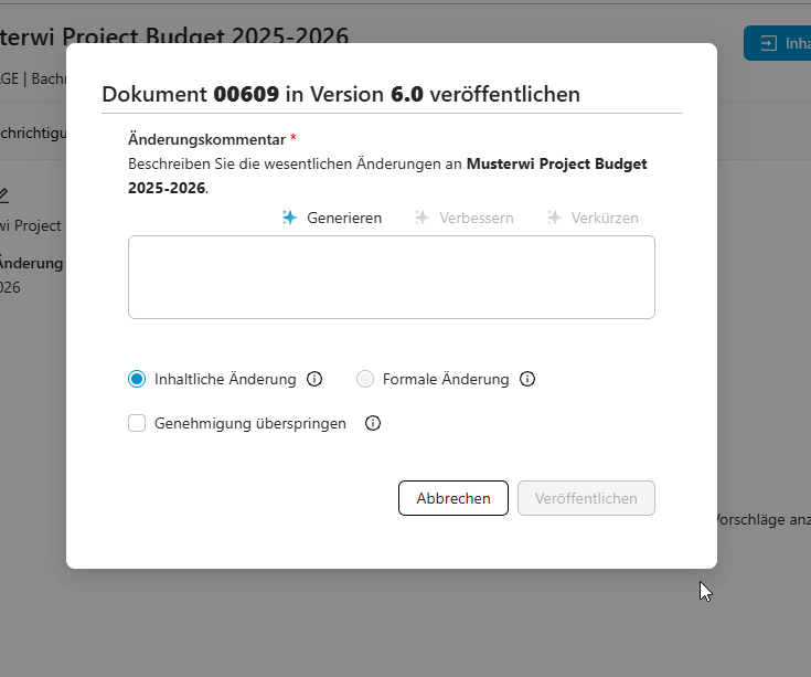 releasenotes-26.2-abbildung-x Veröffentlichungsdialog mit Änderungskommentar und Auswahl der Änderungsart