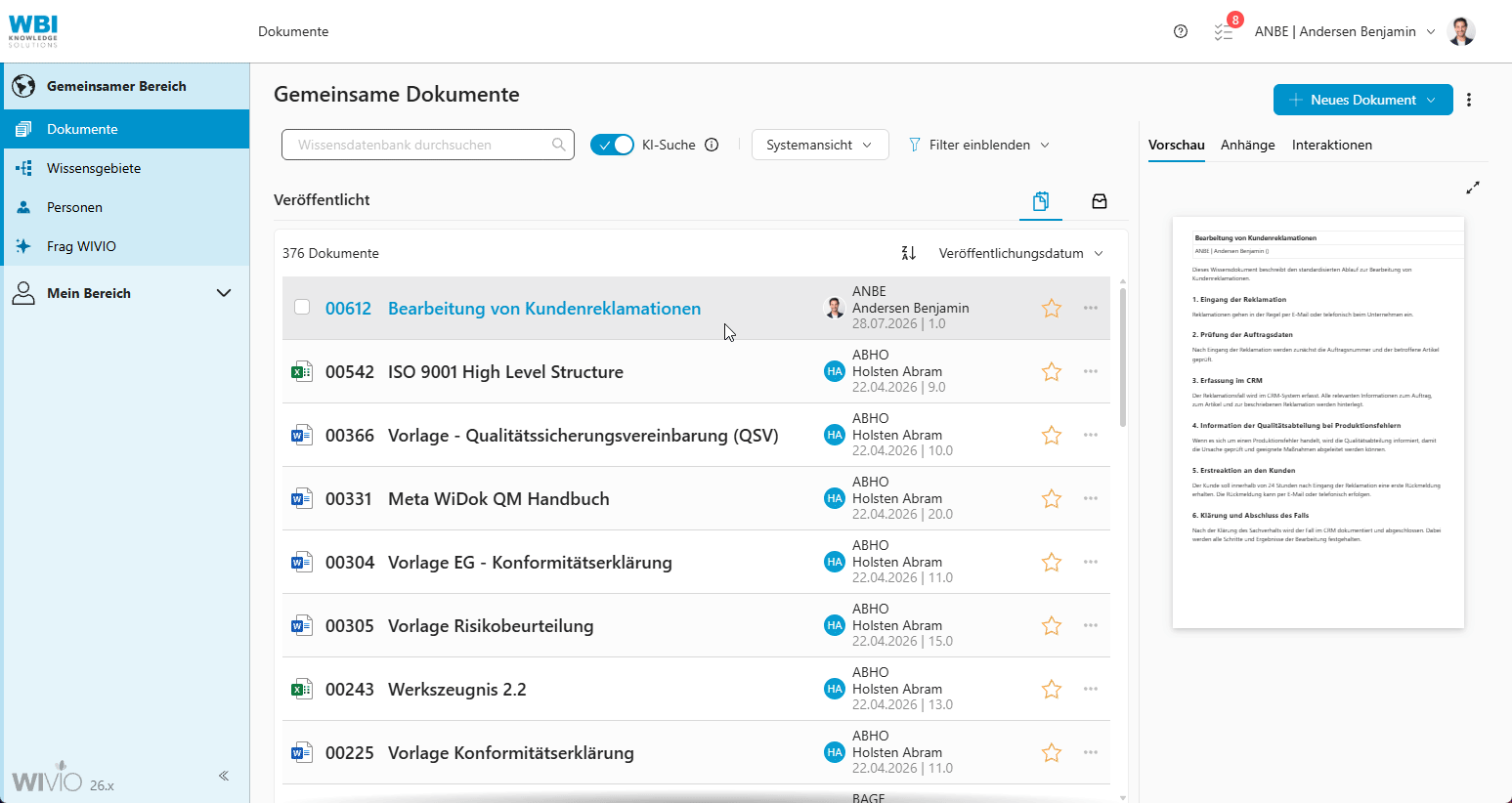 releasenotes-26.3-abbildung-10 Editor eines neuen Web-Dokuments in WIVIO mit leerem Dokumentbereich und geöffnetem WIVIO-AI-Assistenten.