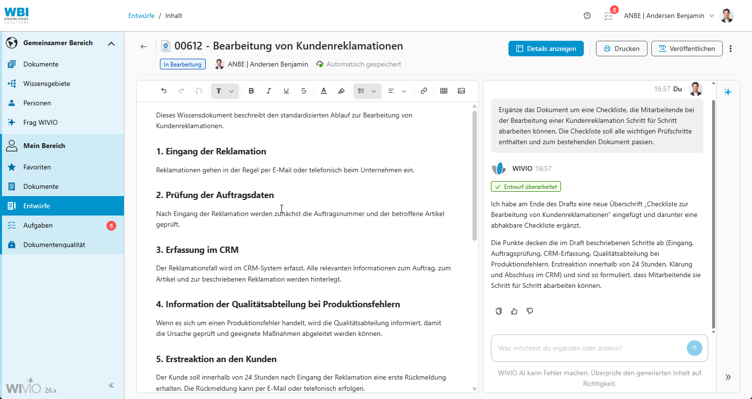 releasenotes-26.3-abbildung-12 Geöffnetes Web-Dokument zur Bearbeitung von Kundenreklamationen mit WIVIO-AI-Chat und ergänzter Checkliste.