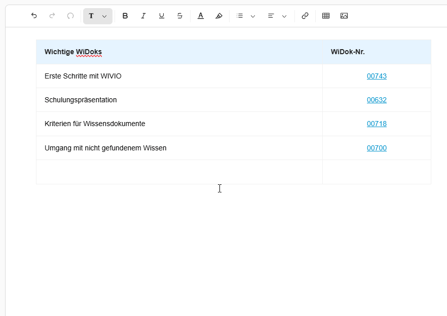 releasenotes-26.3-abbildung-3 Tabelle in einem WIVIO Web-Dokument mit wichtigen Wissensdokumenten und verlinkten WiDok-Nummern.