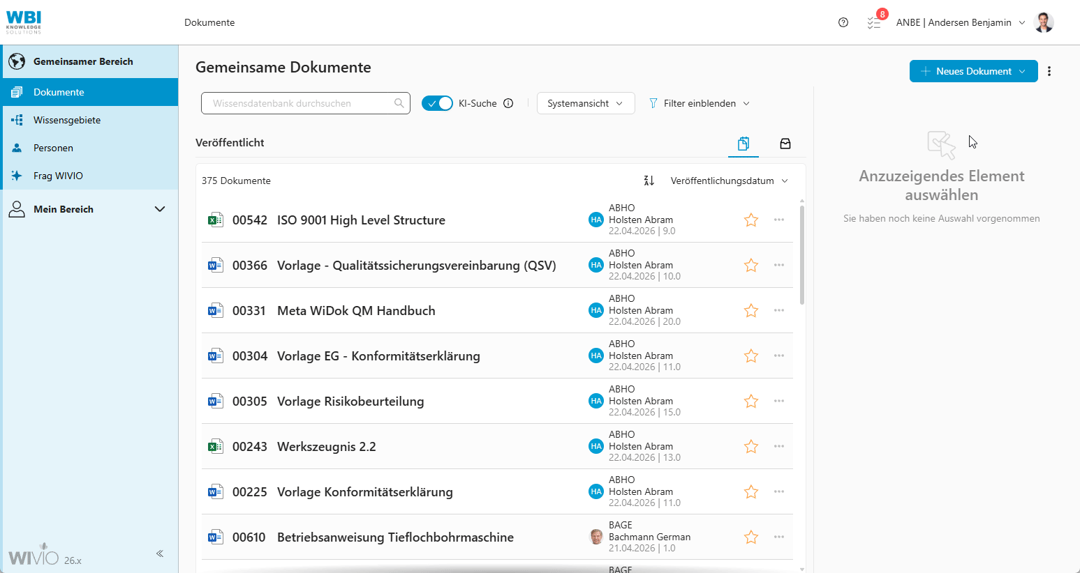 releasenotes-26.3-abbildung-9 Dokumentenübersicht in WIVIO mit ausgewähltem Web-Dokument und geöffneter Vorschau auf der rechten Seite.