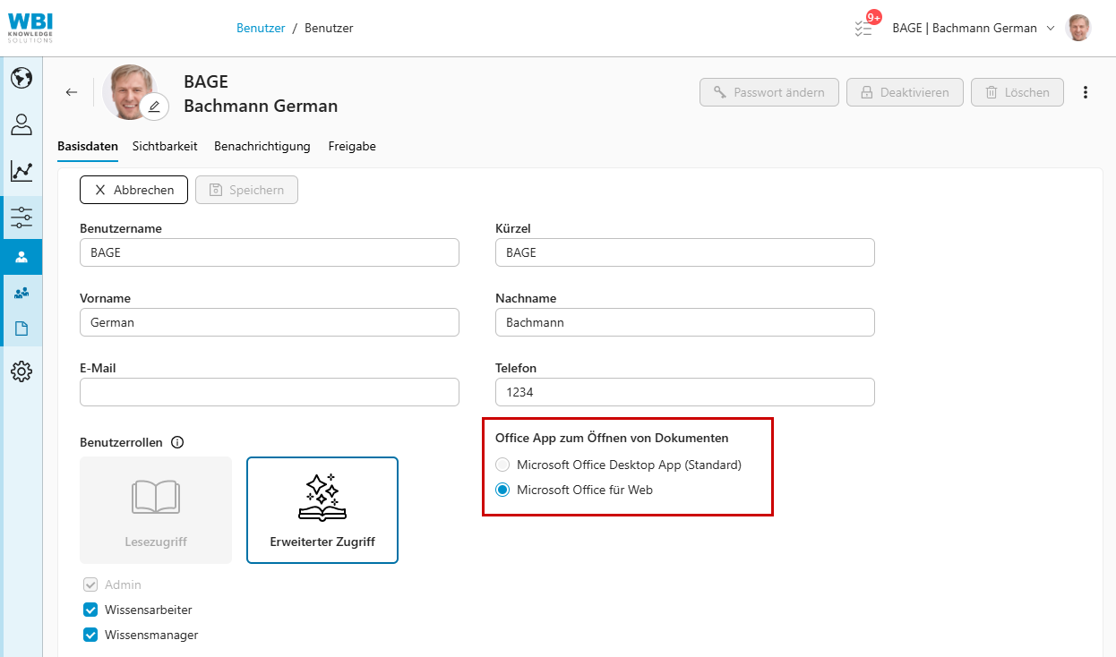 user einstellung - office app Zentrale Festlegung der Office-App zum Öffnen von Dokumenten in der WIVIO-Benutzeradministration.