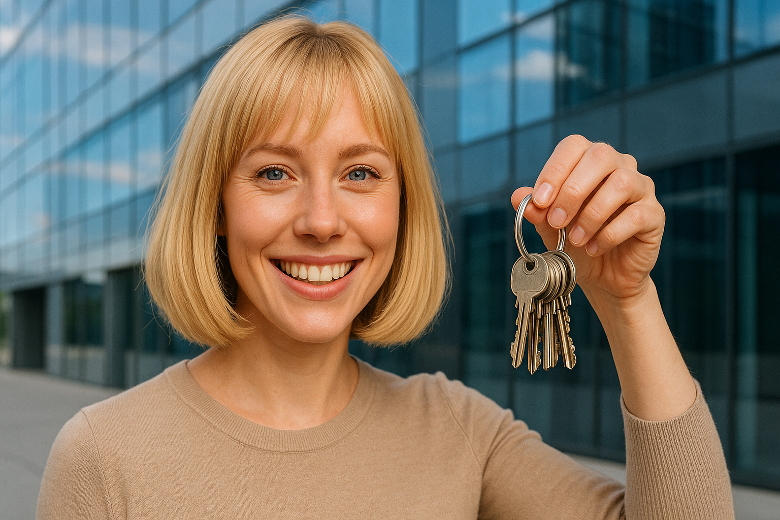 Das Foto zeigt Sarah, eine hübsche, junge Frau vor einem Firmengebäude. Sie lächelt direkt in die Kamera In der rechten Hand trägt sie einen Schlüsselbund.