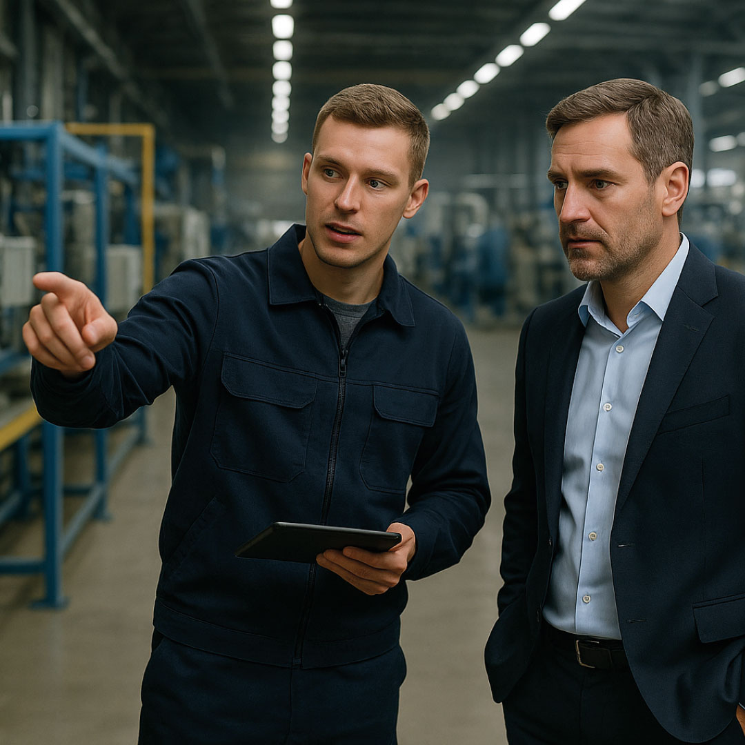 wbi-blog-betriebliche-resilienz-produktion-web Ein Mitarbeiter erklärt dem Geschäftsführer Florian Hauk einen wichtigen Arbeitsablauf an einer Maschine und hält dabei ein Tablet mit WIVIO in der Hand.