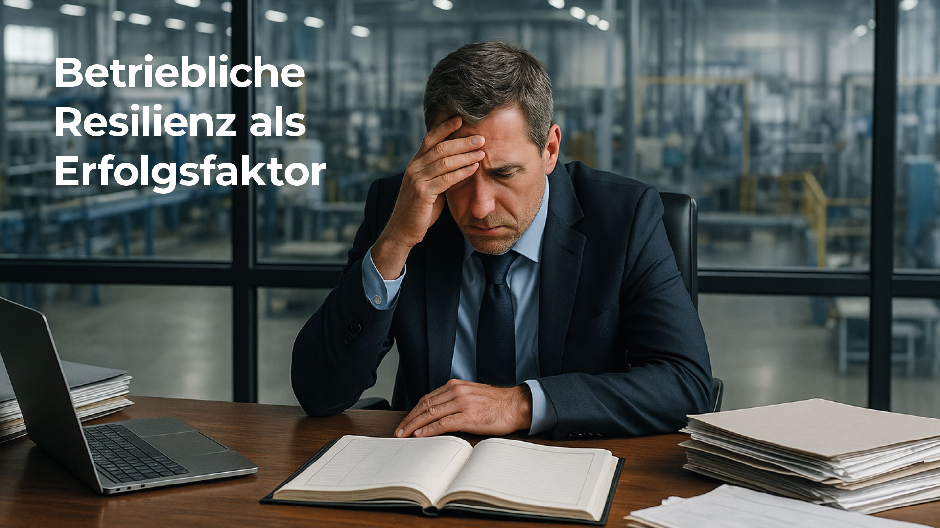 Der Geschäftsführer Florian Hauk sitzt konzentriert an seinem Arbeitsplatz und starrt auf ein leeres Auftragsbuch. Die Produktionshalle hinter ihm sieht leer aus. Im Bild ist der Text "Betriebliche Resilienz als Erfolgsfaktor" zu lesen.