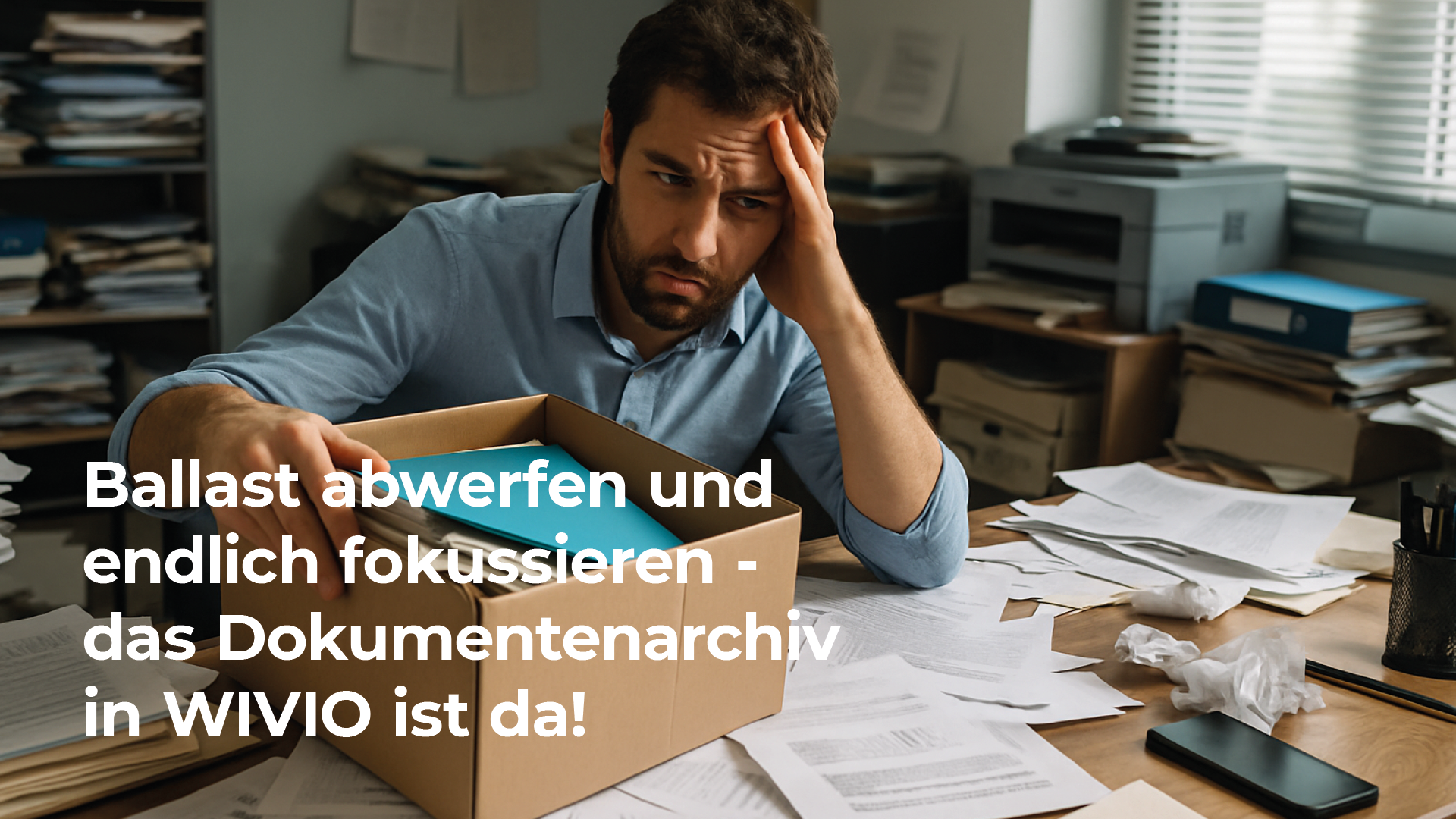 Ein Mann sitzt verzweifelt an seinem Tisch, der mit Papierstapelnd und Zeugs vollgestellt ist. Er nutzt WIVIO noch nicht.