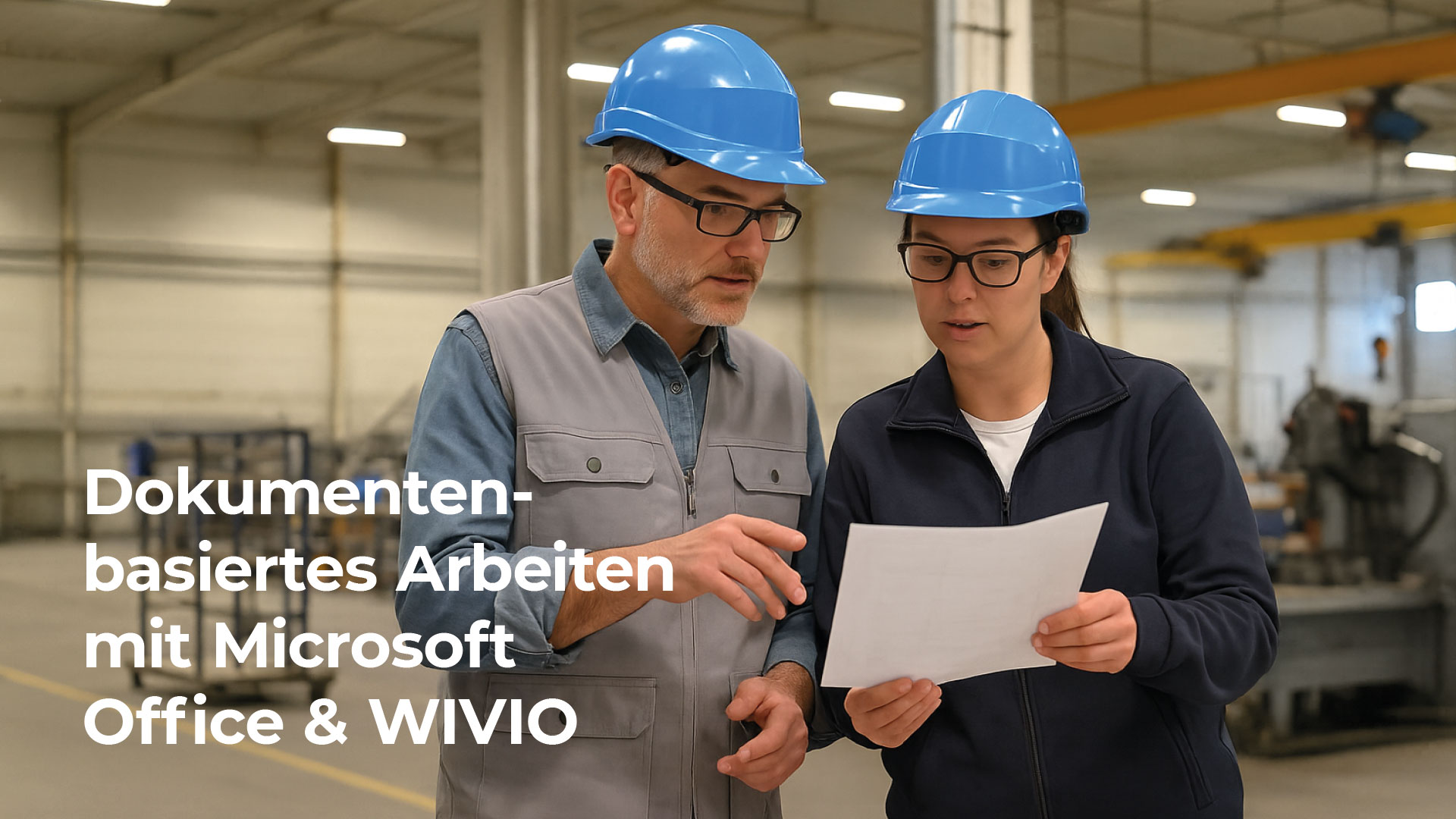 Zwei Arbeiter mit Schutzhelmen betrachten ein Dokument in einer Fabrik. Der Text lautet: Dokumentenbasiertes Arbeiten mit Microsoft Office und WIVIO.