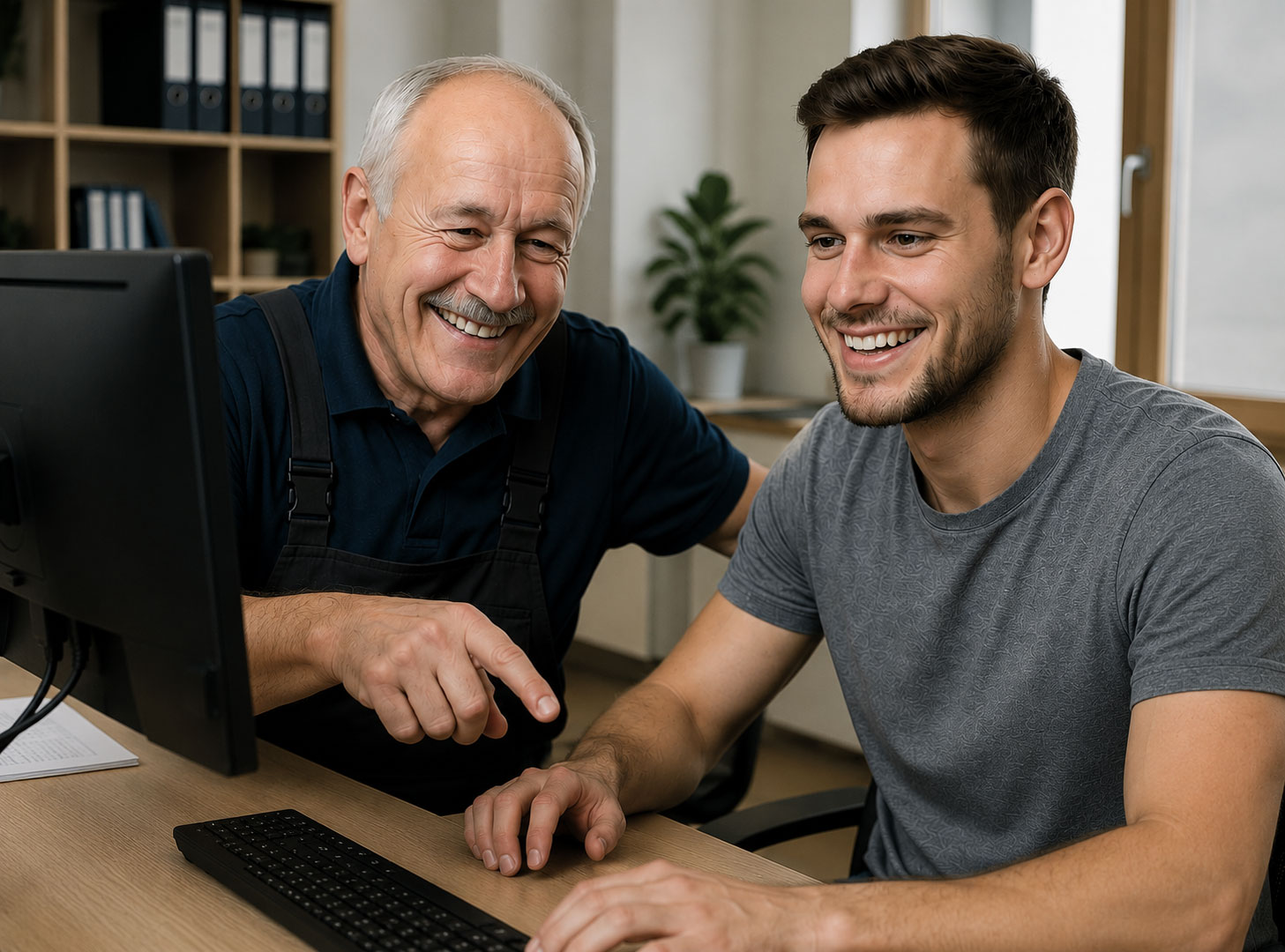 wbi-blog-nachfolge-franz-buero-web Zwei lächelnde Männer sitzen an einem Schreibtisch und blicken auf einen Computerbildschirm. Der ältere Herr erklärt dem jungen Mann gerade etwas. Der jüngere Mann schreibt am Computer mit, um die wertvollen Erfahrungen festzuhalten.