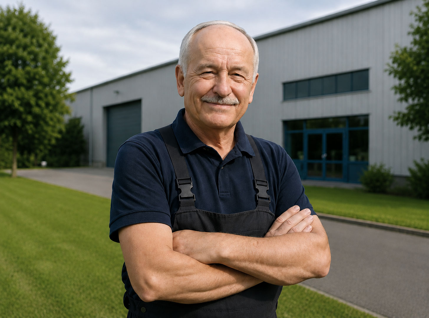 wbi-blog-nachfolge-franz-gebaeude-web Franz, ein älterer, erfahrener Mitarbeiter mit wertvollem Wissen, steht vor der Produktionshalle und verschränkt die Arme. Er sieht zufrieden aus und lächelt in die Kamera.