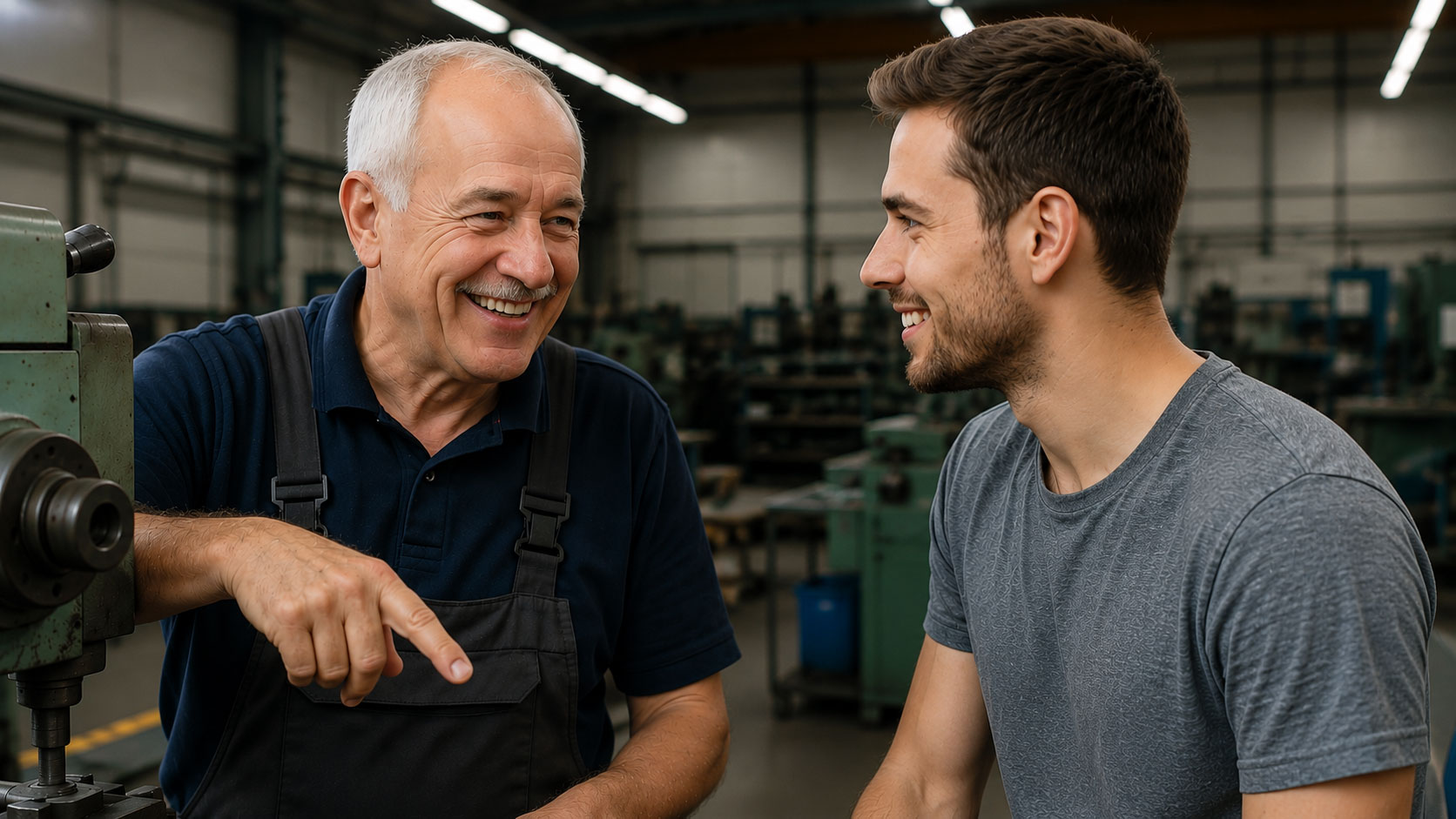 Das Bild zeigt Franz und Leon im Gespräch in der Produktionshalle.