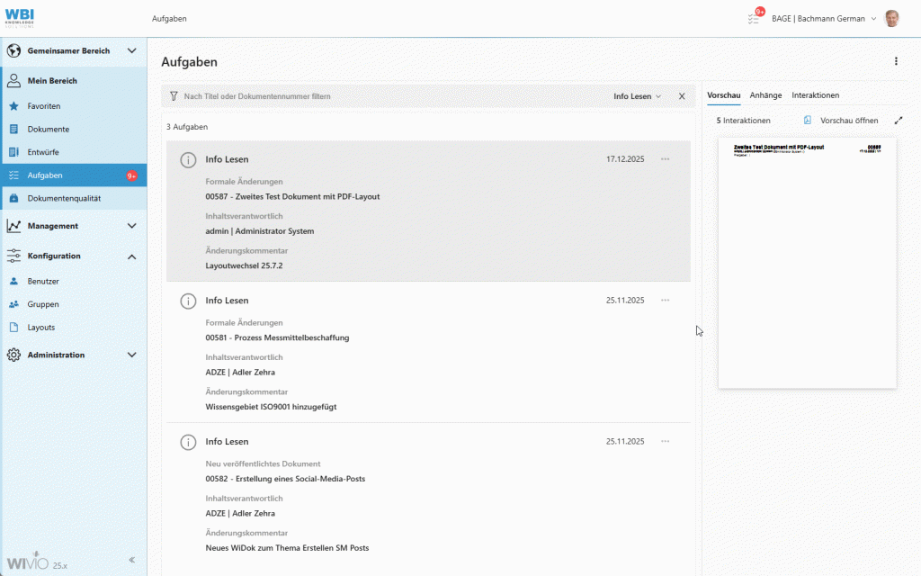 Der Screencapture zeigt, wie eine Aufgabe in WIVIO durch den Inhaltsverantwortlichen geschlossen wird.