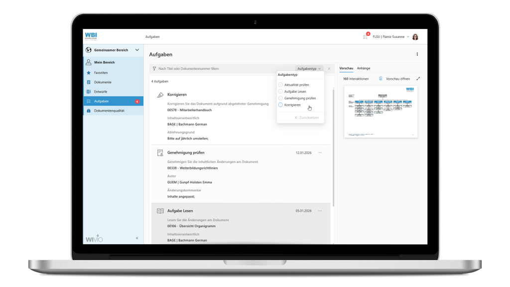 Das Bild zeigt einen Laptop mit der Aufgabenübersicht der smarten Wissensmanagement-Software WIVIO. In dieser praktischen Aufgabenliste ist ersichtlich, welche ToDos offen sind. Die Liste kann nach Aufgabentyp gefiltert werden.