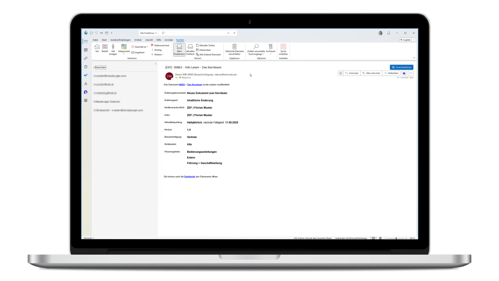 Das Bild zeigt eine strukturierte, gut lesbare WIVIO Benachrichtigung, die eine Benutzerin per E-Mail erhalten hat.
