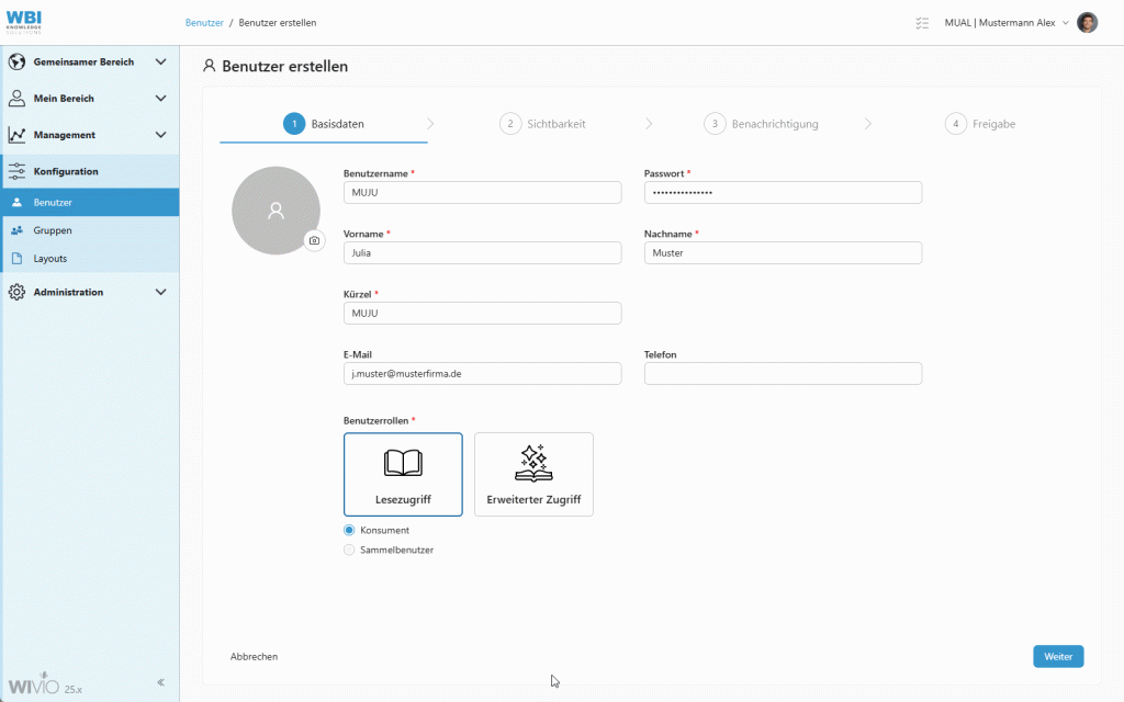 Der Screencapture zeigt, wie einer neuen Benutzerin in WIVIO erweiterte Zugriffsrechte verliehen werden. Dadurch kann die Userin eigene Wissensdokumente erstellen und zentral für alle Kolleginnen in der Wissensdatenbank WIVIO zur Verfügung stellen. Das erleichtert allen Beteiligten den Arbeitsalltag und motiviert die Kollegin zur Wissensarbeit.