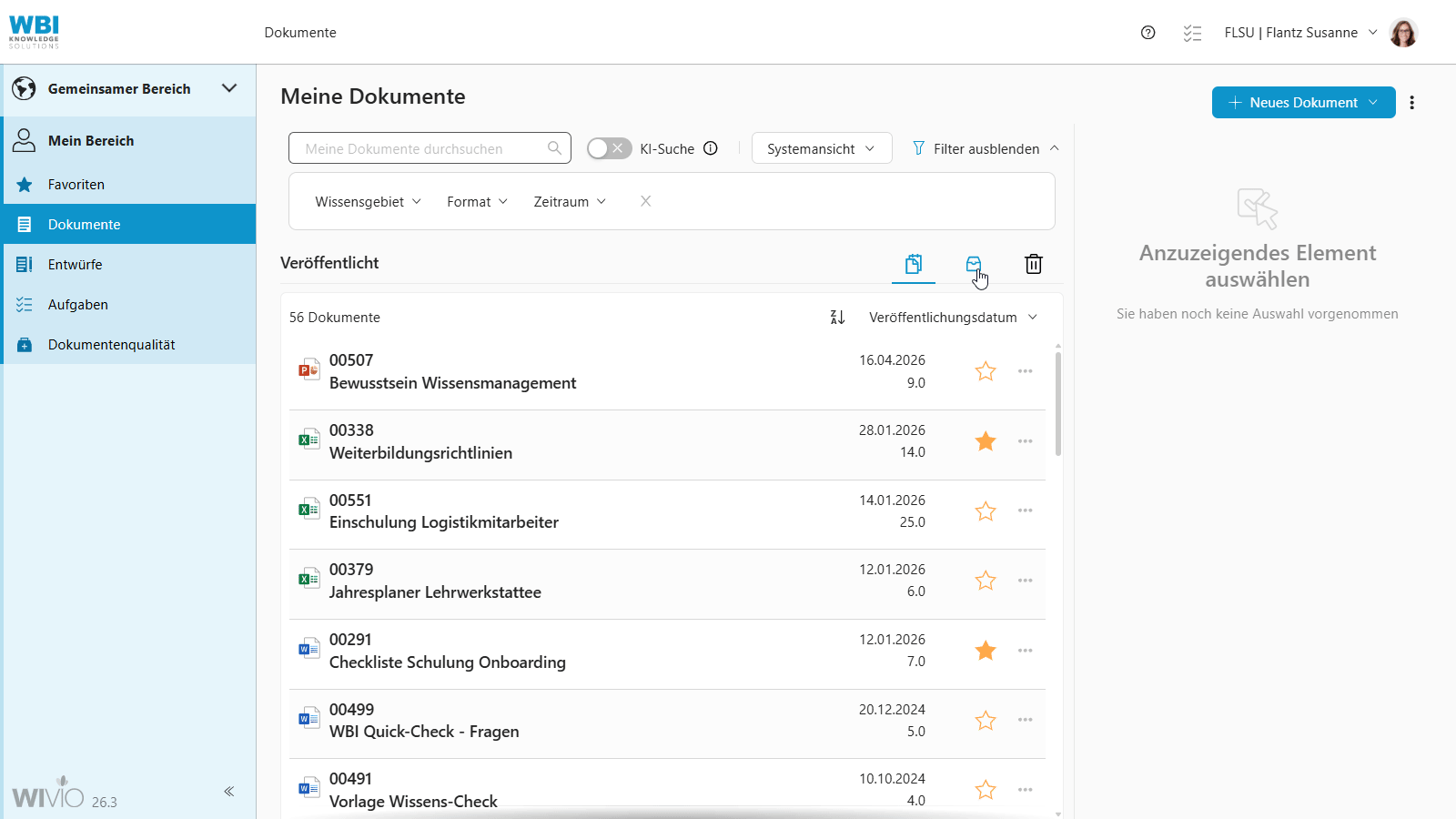 In der smarten Wissensmanagement-Software WIVIO kann jeder User zwischen seinen veröffentlichten, seinen archivierten und seinen gelöschten Dokumenten wechseln. Bei den gemeinsamen Dokumenten sehen die Inhaltsverantwortlichenur die eigenen Dokumente, der Wissensmanager kann hingegen die Dokumente aller User:innen sehen und ggf. reaktivieren.