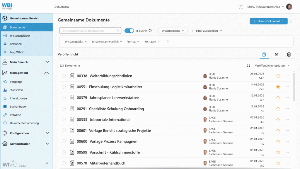 Das Video zeigt einen Screencapture der smarten Wissensmanagement Software WIVIO, in der ein Admin eine Dokumentensicherung intitialisiert.
