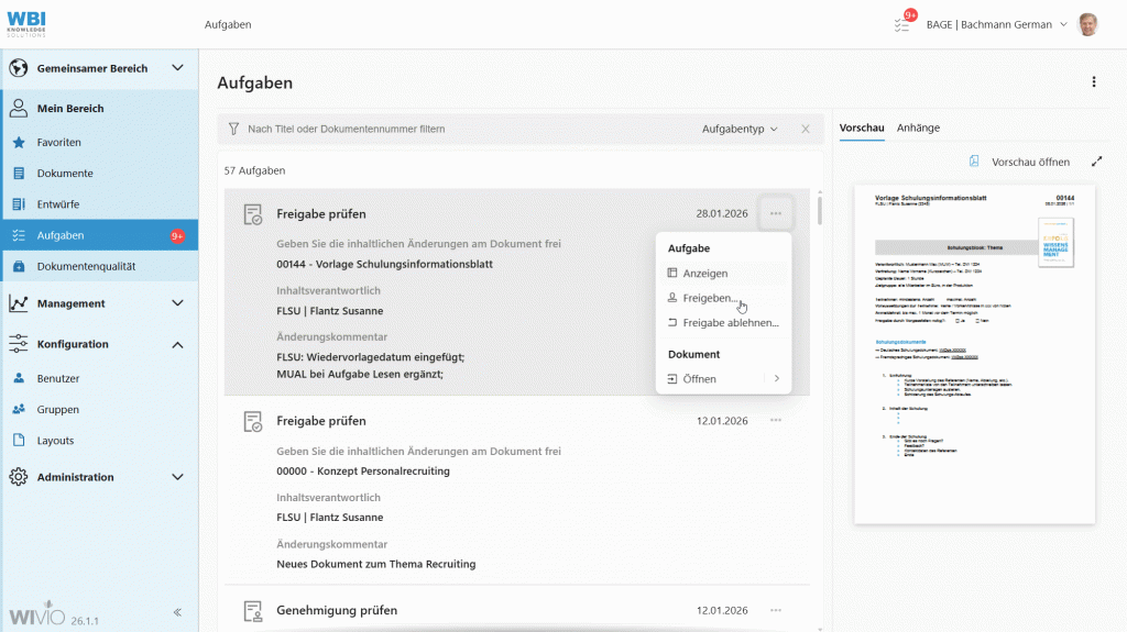 Im Video wird gezeigt wie ein User des smarten Wissensmanagement-Tools WIVIO die Freigabeaufforderung einer Kollegin ablehnt und einen Ablehnungskommentar abgibt.
