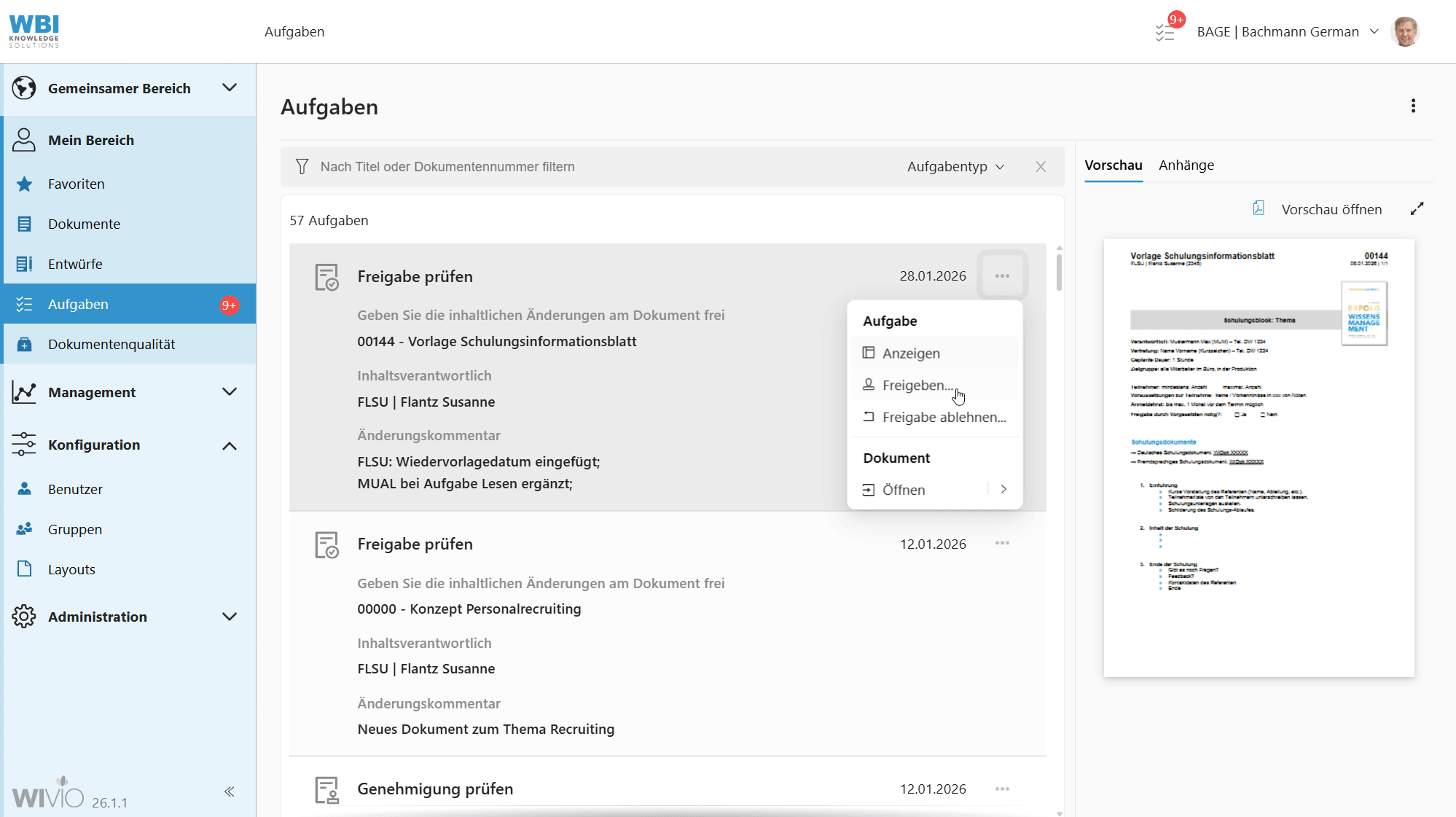 Im Video wird gezeigt wie ein User des smarten Wissensmanagement-Tools WIVIO die Freigabeaufforderung einer Kollegin ablehnt und einen Ablehnungskommentar abgibt.