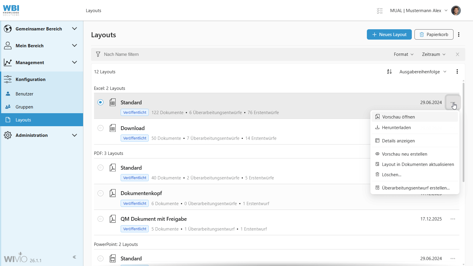 Im Screencapture wird gezeigt, wie man im smarten Wissensmanagement-Tool WIVIO einen Überarbeitungsentwurf erstellen kann, um ein bestehendes Layout zu ersetzen.