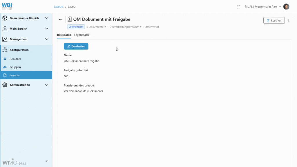 Der Screencapture zeigt die smarte Wissensmanagement-Software WIVIO, in der bei einem QM-relevanten Layout ein Freigeber hinterlegt wird. Dabei handelt es sich um eine Freigabe, die bei jeder Veröffentlichung eines Dokuments mit diesem Layout notwendig ist.