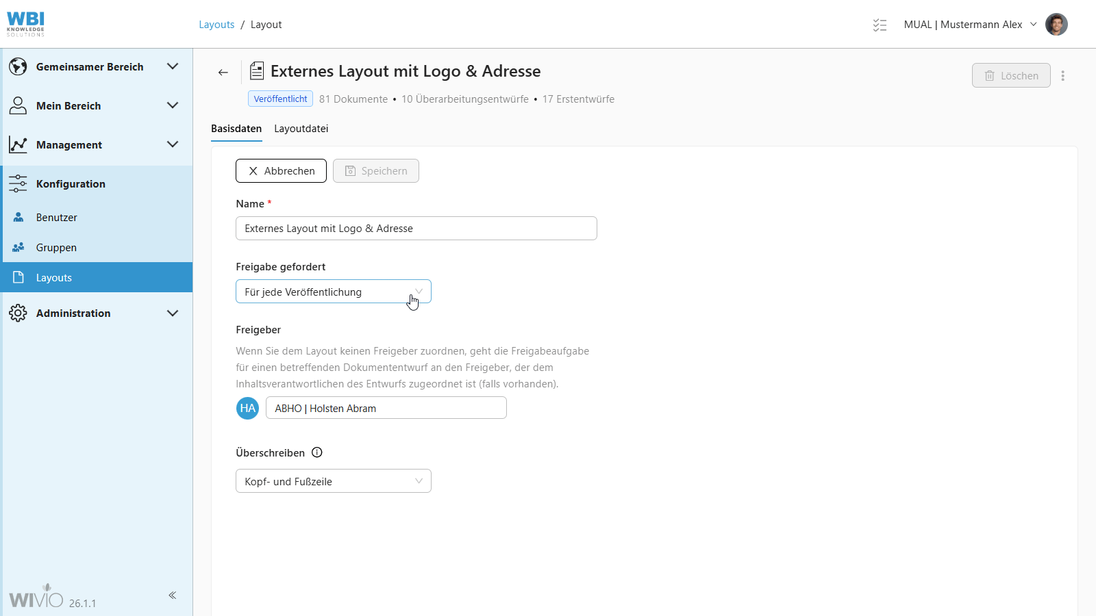 Auf dem Screenscapture ist sichtbar, wie bei den Einstellungen für firmeninterne Layouts in WIVIO ein Parameter umgestellt wird. Der Admin sorgt damit dafür, dass nur bei der Erstveröffentlichung eines neuen Dokumentes mit dem entsprechenden externen Layout eine Freigabe nötig ist.