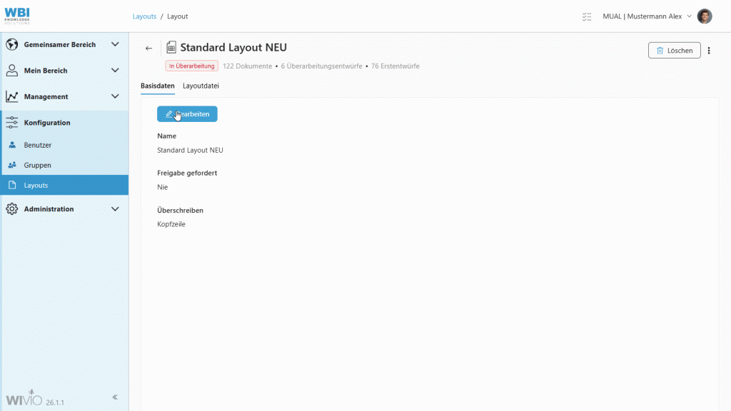Der Screencapture zeigt die smarte Wissensmanagement-Software WIVIO, in der ein Überarbeitungsentwurf einfach verworfen werden kann.