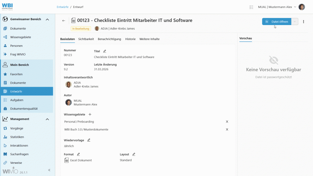 Das Video zeigt einen Screencapture der WIVIO-Software in dem der Benutzer bei einem Dokument mit Passwortschutz aufgefordert wird, das Passwort einzugeben.
