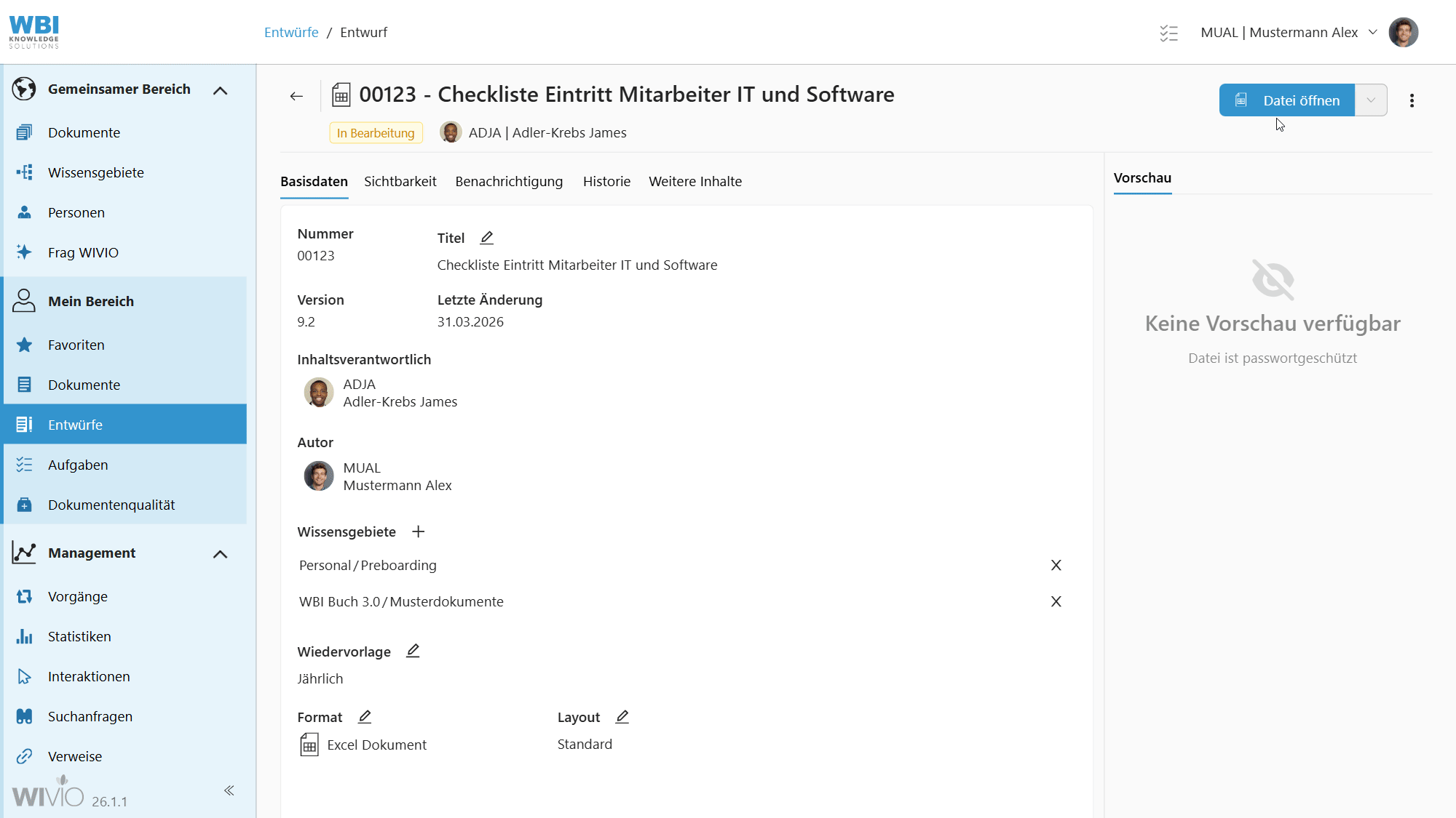 Das Video zeigt einen Screencapture der WIVIO-Software in dem der Benutzer bei einem Dokument mit Passwortschutz aufgefordert wird, das Passwort einzugeben.